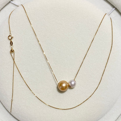 K18YG あこや真珠 ゴールデンパール ネックレス 2way ツインパール ペンダント 双子 スルー 18K ベネチアンチェーン ボックスチェーン