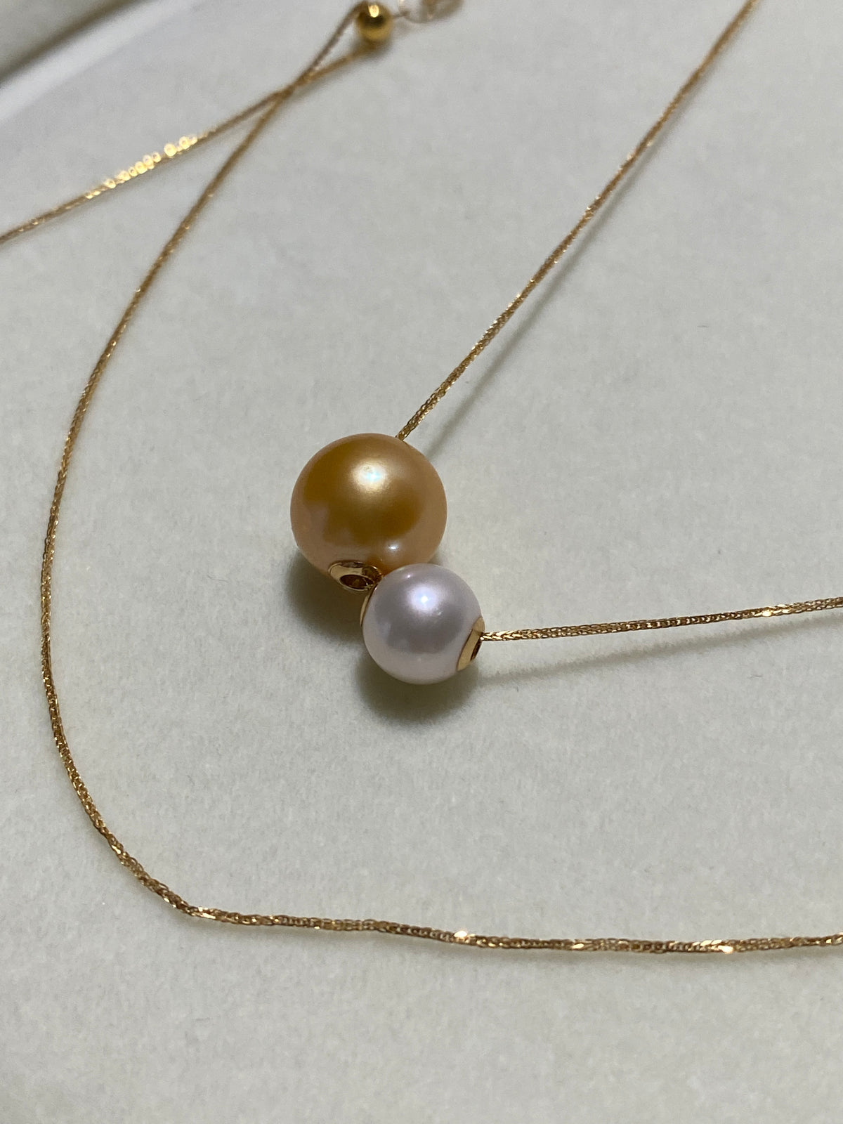 K18YG あこや真珠 ゴールデンパール ネックレス 2way ツインパール ペンダント 双子 スルー 18K ベネチアンチェーン ボックスチェーン