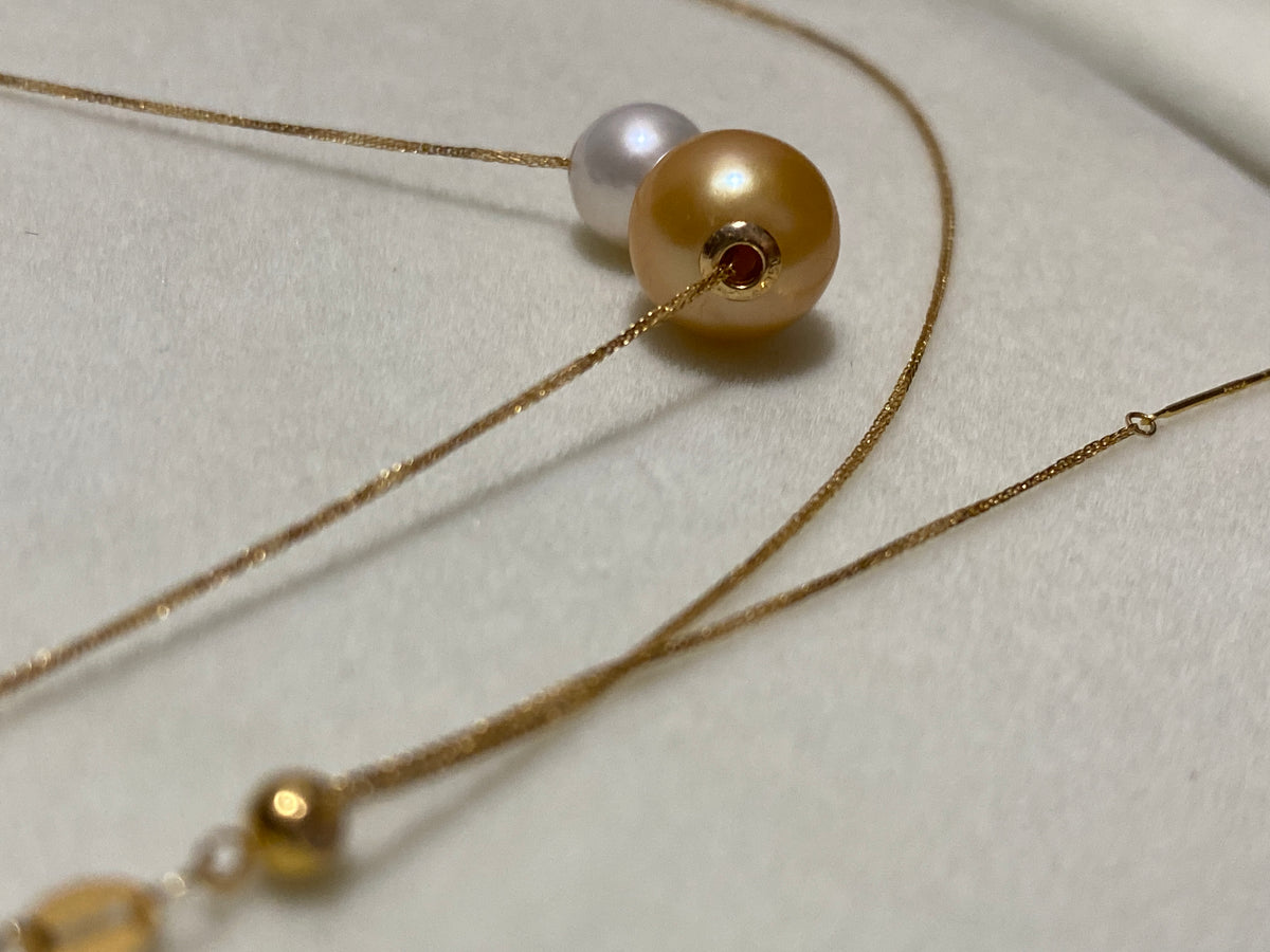 K18YG あこや真珠 ゴールデンパール ネックレス 2way ツインパール ペンダント 双子 スルー 18K ベネチアンチェーン ボックスチェーン