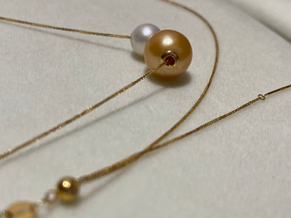 K18YG あこや真珠 ゴールデンパール ネックレス 2way ツインパール ペンダント 双子 スルー 18K ベネチアンチェーン ボックスチェーン