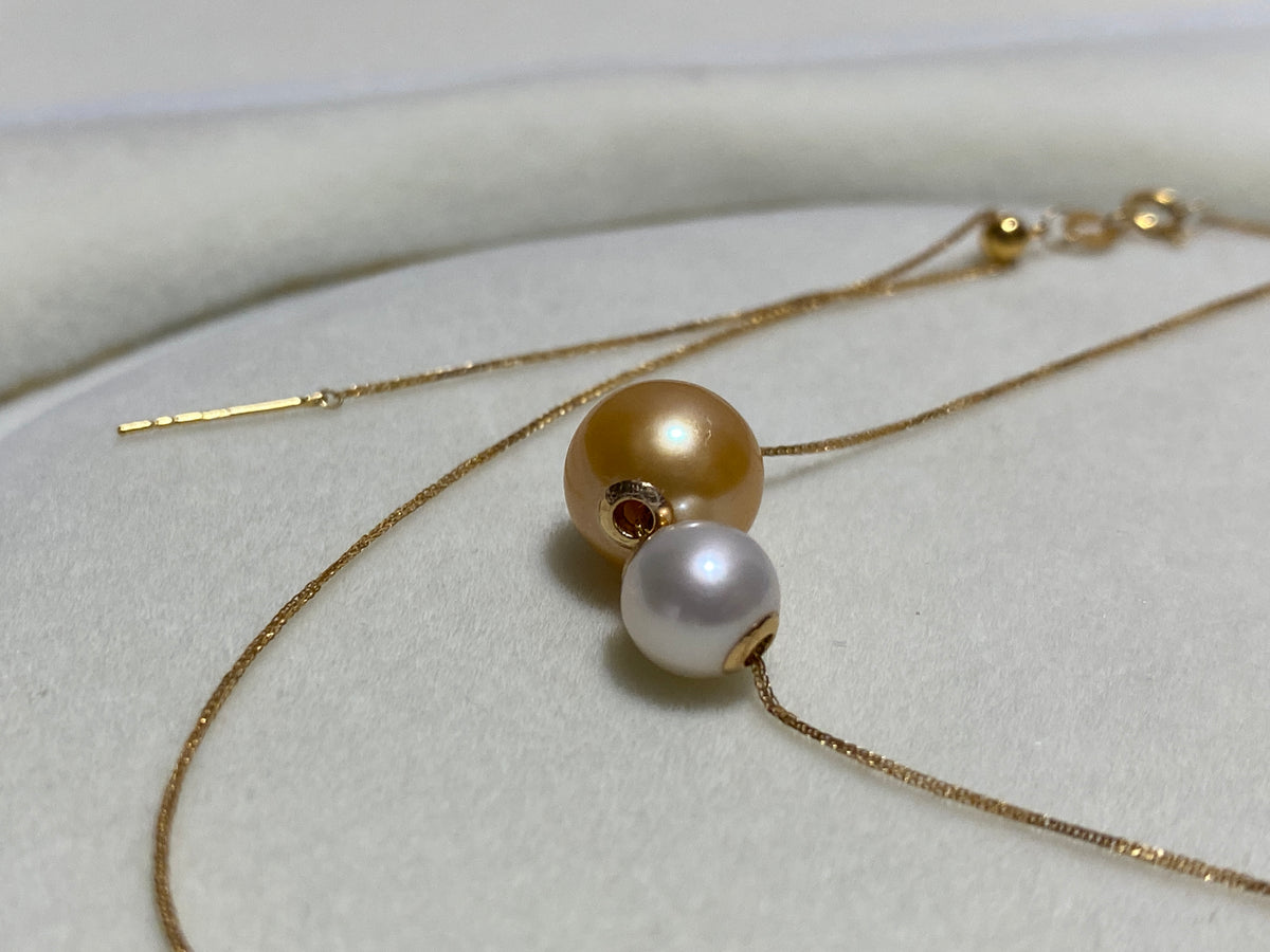 K18YG あこや真珠 ゴールデンパール ネックレス 2way ツインパール ペンダント 双子 スルー 18K ベネチアンチェーン ボックスチェーン