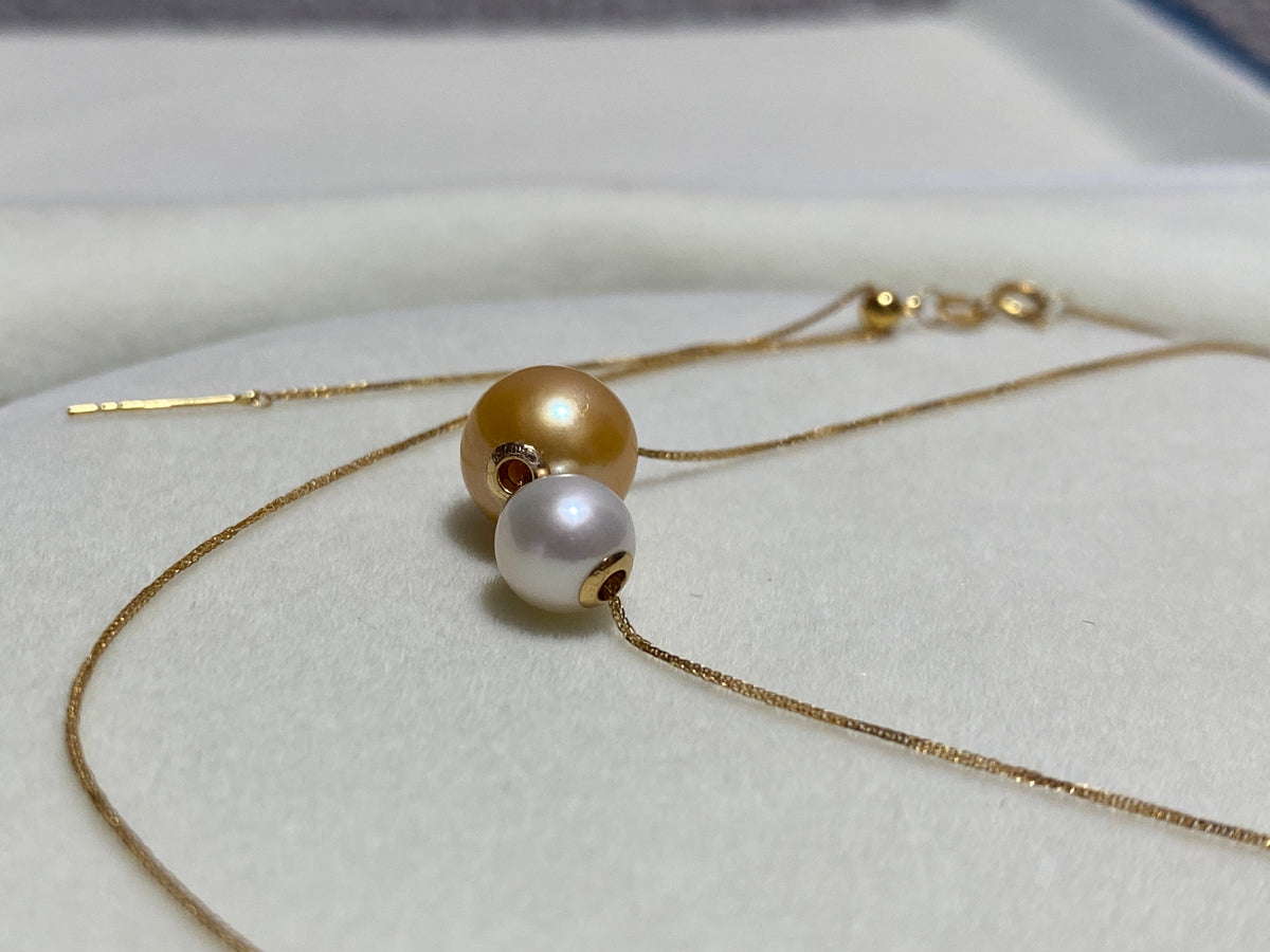 K18YG あこや真珠 ゴールデンパール ネックレス 2way ツインパール ペンダント 双子 スルー 18K ベネチアンチェーン ボックスチェーン