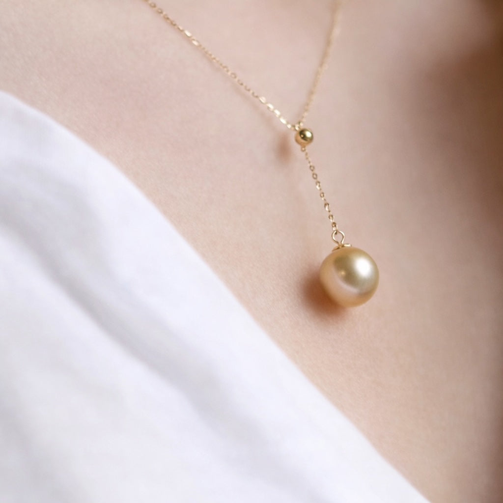 K18YG ゴールデンパール Y字 ネックレス 南洋真珠 パール スライド式 イエローゴールド YG 18K ゴールドパール 金色 真珠 ペンダント