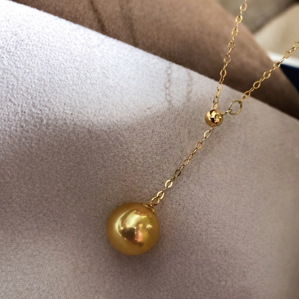 K18YG ゴールデンパール Y字 ネックレス 南洋真珠 パール スライド式 イエローゴールド YG 18K ゴールドパール 金色 真珠 ペンダント