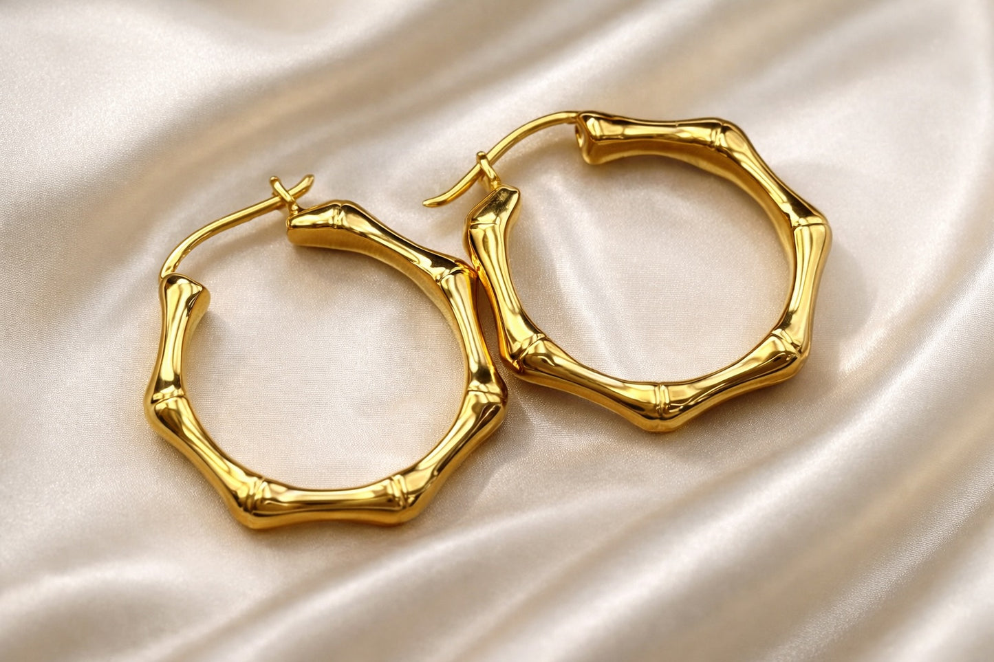 18k yellow gold bamboo design hoop earrings hollow