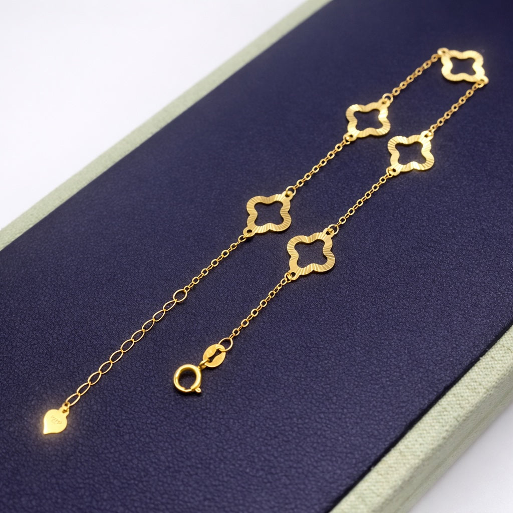 K18YG 四ツ葉 ブレスレット イエローゴールド 18K 18金 ブレス クローバー 四つ葉 ステーションブレスレット チャームブレスレット