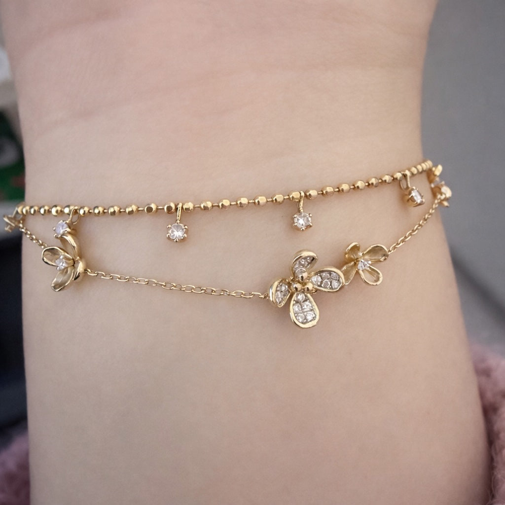 K18YG フローラルブレスレット 花 四つ葉 18k フラワー ダイヤモンド チャームブレスレット クローバー 金色 ゴールドフラワー 金木犀