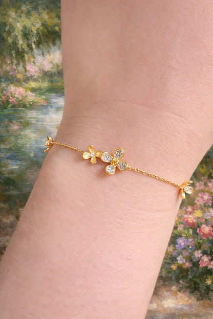 K18YG フローラルブレスレット 花 四つ葉 18k フラワー ダイヤモンド チャームブレスレット クローバー 金色 ゴールドフラワー 金木犀