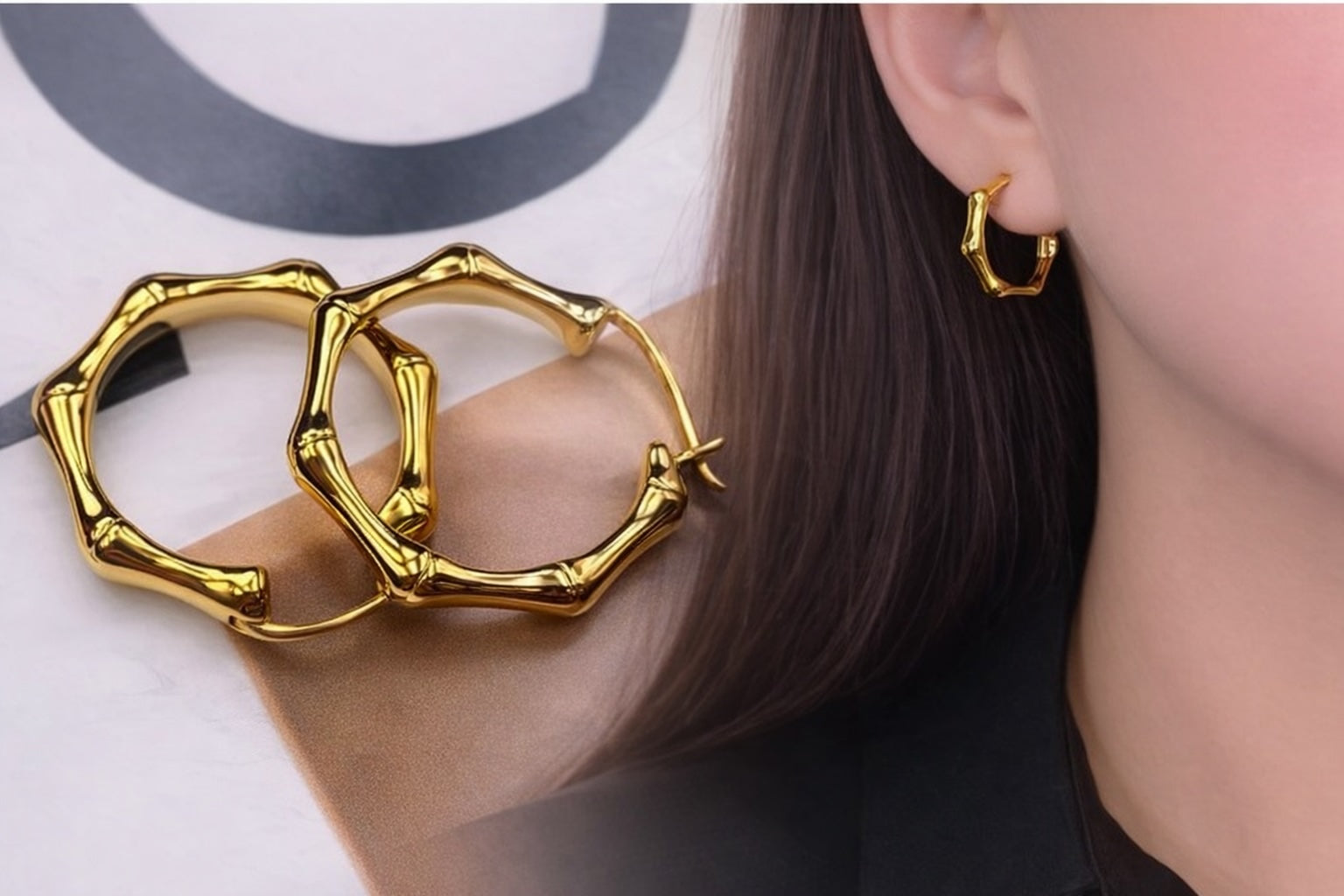 18k yellow gold bamboo design hoop earrings hollow