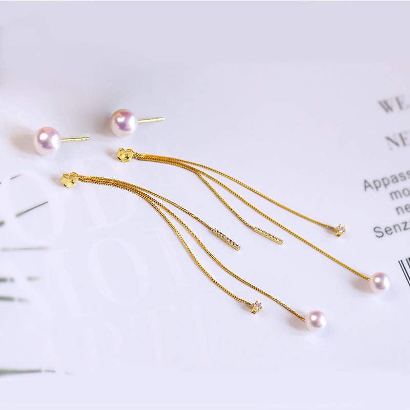 K18YG イエローゴールド あこや真珠 アコヤ 18金 ピアス ロングピアス チェーンピアス 天女 ダイヤモンド ダイヤ 真珠 パール 18K akoya