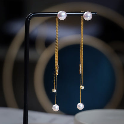 K18YG イエローゴールド あこや真珠 アコヤ 18金 ピアス ロングピアス チェーンピアス 天女 ダイヤモンド ダイヤ 真珠 パール 18K akoya
