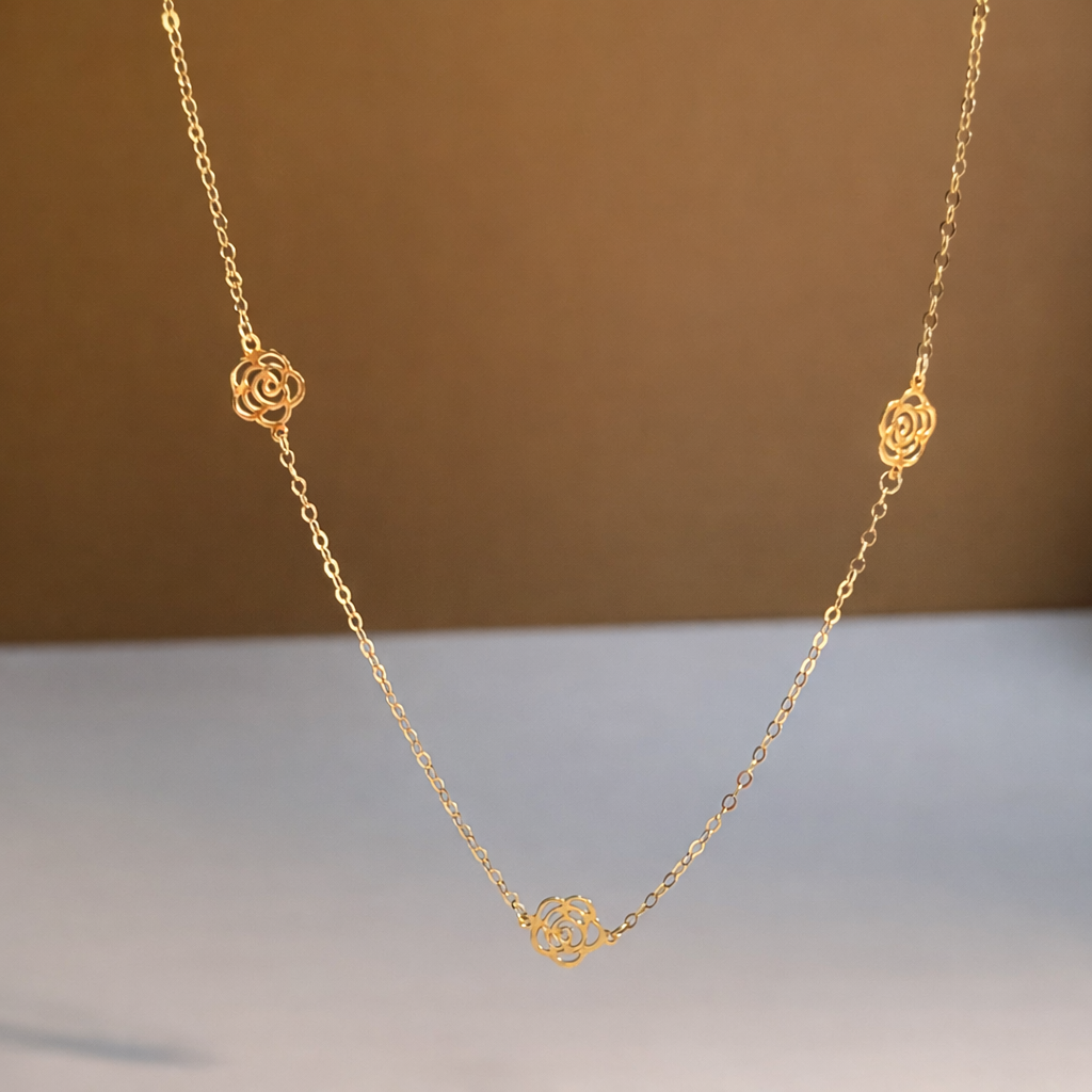 K18YG カメリア ネックレス 18K YG イエローゴールド ステーションネックレス 薔薇 花 45cm