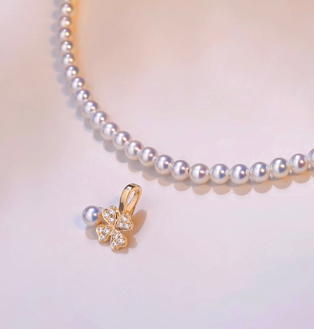 K18YG クローバー チャーム あこや真珠 18金 ペンダント ネックレスチャーム 四ツ葉 18K 開口 バチカン ジルコニア ブレスレットチャーム - Jewelry Hills Tokyo