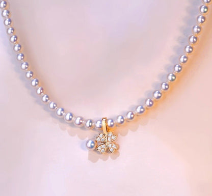 K18YG クローバー チャーム あこや真珠 18金 ペンダント ネックレスチャーム 四ツ葉 18K 開口 バチカン ジルコニア ブレスレットチャーム - Jewelry Hills Tokyo