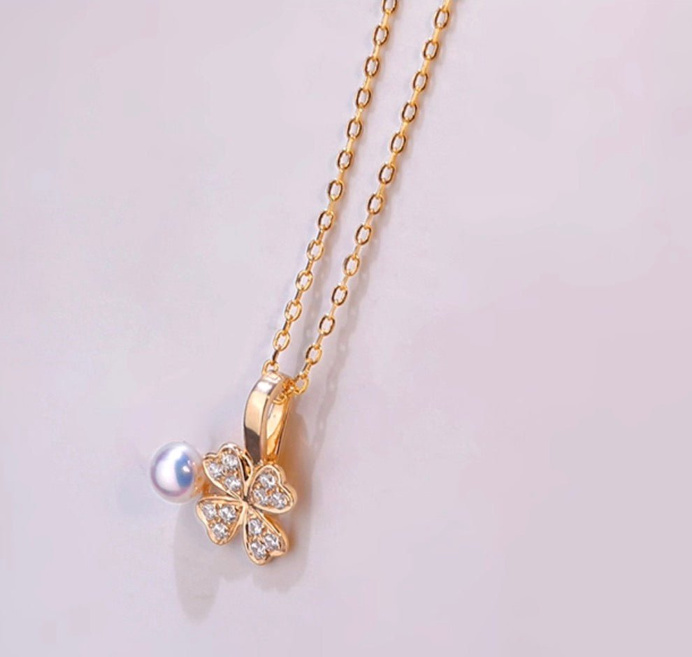 K18YG クローバー チャーム あこや真珠 18金 ペンダント ネックレスチャーム 四ツ葉 18K 開口 バチカン ジルコニア ブレスレットチャーム - Jewelry Hills Tokyo