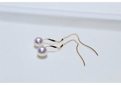K18YG イエローゴールド あこや真珠 アコヤ 18金 ピアス ロングピアス S字 真珠 パール 18K akoya pearl 花珠 チェーンピアス - Jewelry Hills Tokyo