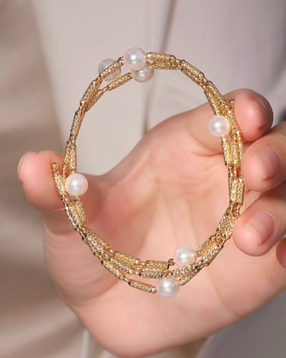 K18YG アコヤ真珠 ネックレス ロング マグネット ワイヤー 巻き ブレスレット 18K 18金 イエローゴールド 2way 3way バングル チョーカー - Jewelry Hills Tokyo