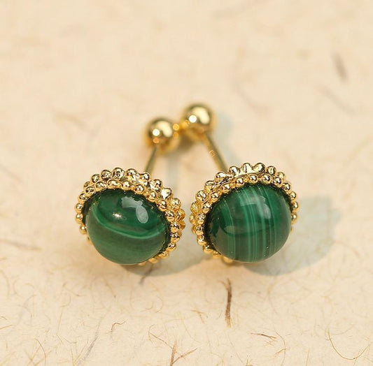 K18YG マカライト カボション ラウンド 丸い ピアス スタッドピアス グリーン 18k イエローゴールド - Jewelry Hills Tokyo