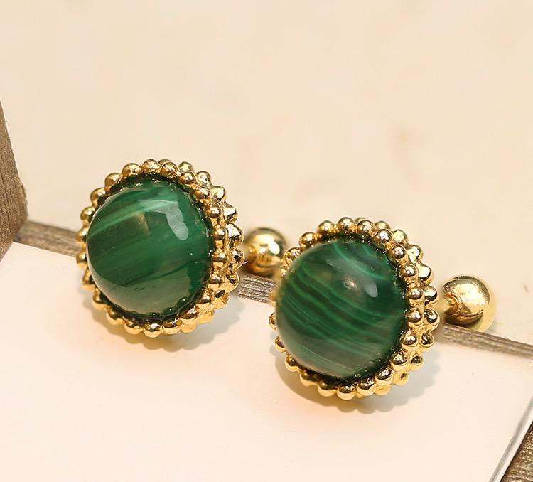K18YG マカライト カボション ラウンド 丸い ピアス スタッドピアス グリーン 18k イエローゴールド - Jewelry Hills Tokyo