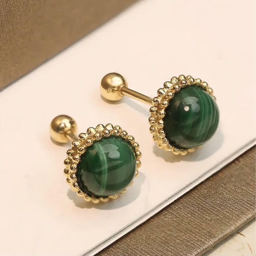 K18YG マカライト カボション ラウンド 丸い ピアス スタッドピアス グリーン 18k イエローゴールド - Jewelry Hills Tokyo
