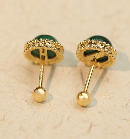 K18YG マカライト カボション ラウンド 丸い ピアス スタッドピアス グリーン 18k イエローゴールド - Jewelry Hills Tokyo