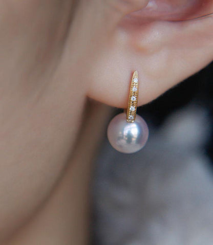 K18YG イエローゴールド あこや真珠 ピアス ダイヤモンド リングピアス アコヤ 真珠 パール ダイヤ スクエア シンプル 18K - Jewelry Hills Tokyo