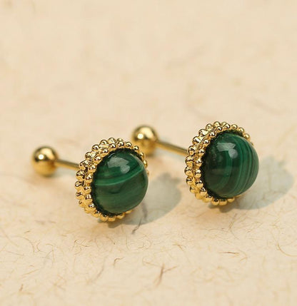 K18YG マカライト カボション ラウンド 丸い ピアス スタッドピアス グリーン 18k イエローゴールド - Jewelry Hills Tokyo