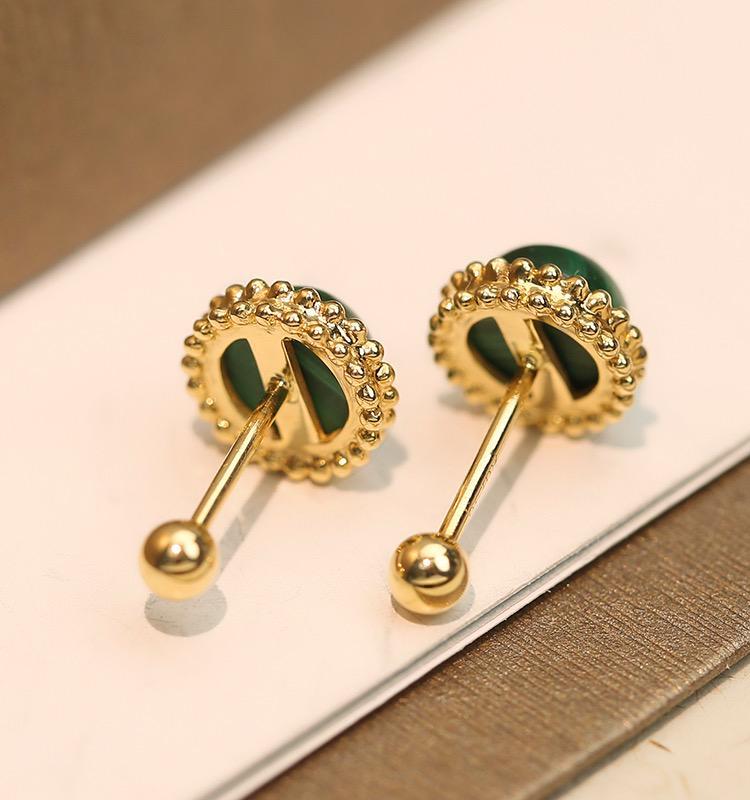 K18YG マカライト カボション ラウンド 丸い ピアス スタッドピアス グリーン 18k イエローゴールド - Jewelry Hills Tokyo
