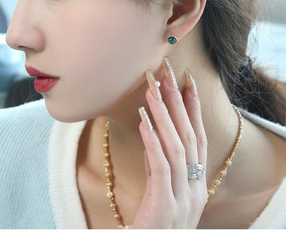 K18YG マカライト カボション ラウンド 丸い ピアス スタッドピアス グリーン 18k イエローゴールド - Jewelry Hills Tokyo