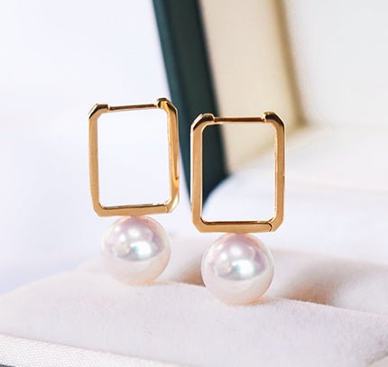 K18YG イエローゴールド あこや真珠 パールピアス アコヤ ピアス フープピアス リングピアス スクエア 真珠 パール 18K akoya シンプル - Jewelry Hills Tokyo