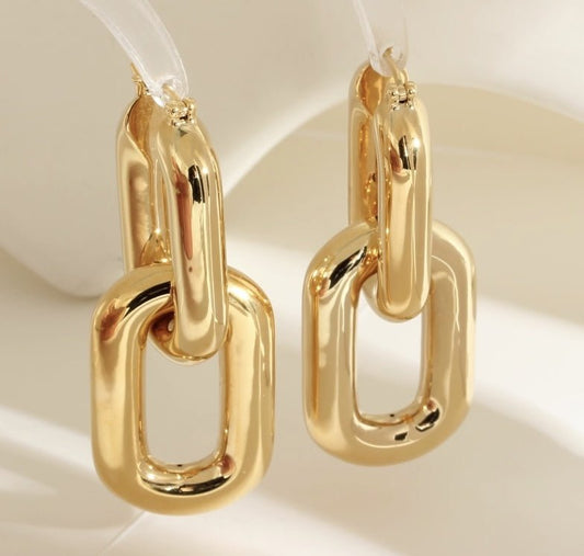 K18YG ピアス 2way フープピアス オーバル 四角形 スクエア 揺れる 大ぶり ボリューム イエローゴールド YG 18K 中空ピアス チェーン 太い - Jewelry Hills Tokyo
