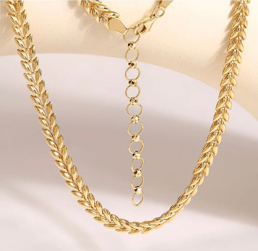 K18YG イエローゴールド ネックレス リーフモチーフ 太め 太い 5mm ボリューム リーフ 麦 イタリアンジュエリー 18K YG 40+5cm - Jewelry Hills Tokyo