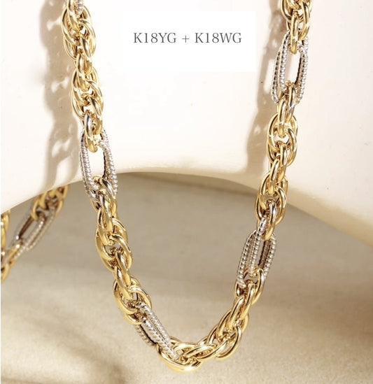 K18YG イエローゴールド K18WG ホワイトゴールド 18K ネックレス ミックスチェーン デザインチェーン 大ぶり 太い オーバル ツイスト 太め ボリューム - Jewelry Hills Tokyo