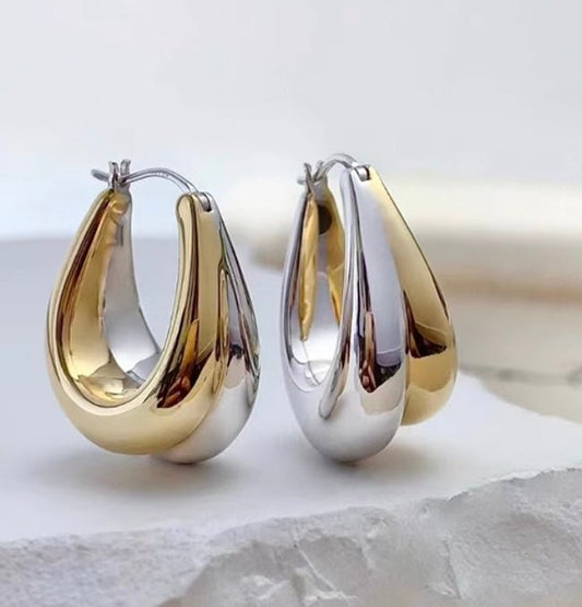 K18YG WG ぷっくり ティアドロップ リングピアス 中空ピアス イエローゴールド ドロップ型 18K YG 雫 涙 ツートン ２色 ダブルカラー - Jewelry Hills Tokyo