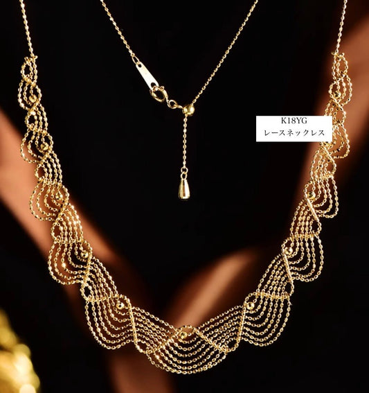 K18YG WG イエローゴールド ホワイトゴールド 18K レースネックレス フェアリーチェーン メッシュ レース YG ボールチェーン アジャスター - Jewelry Hills Tokyo