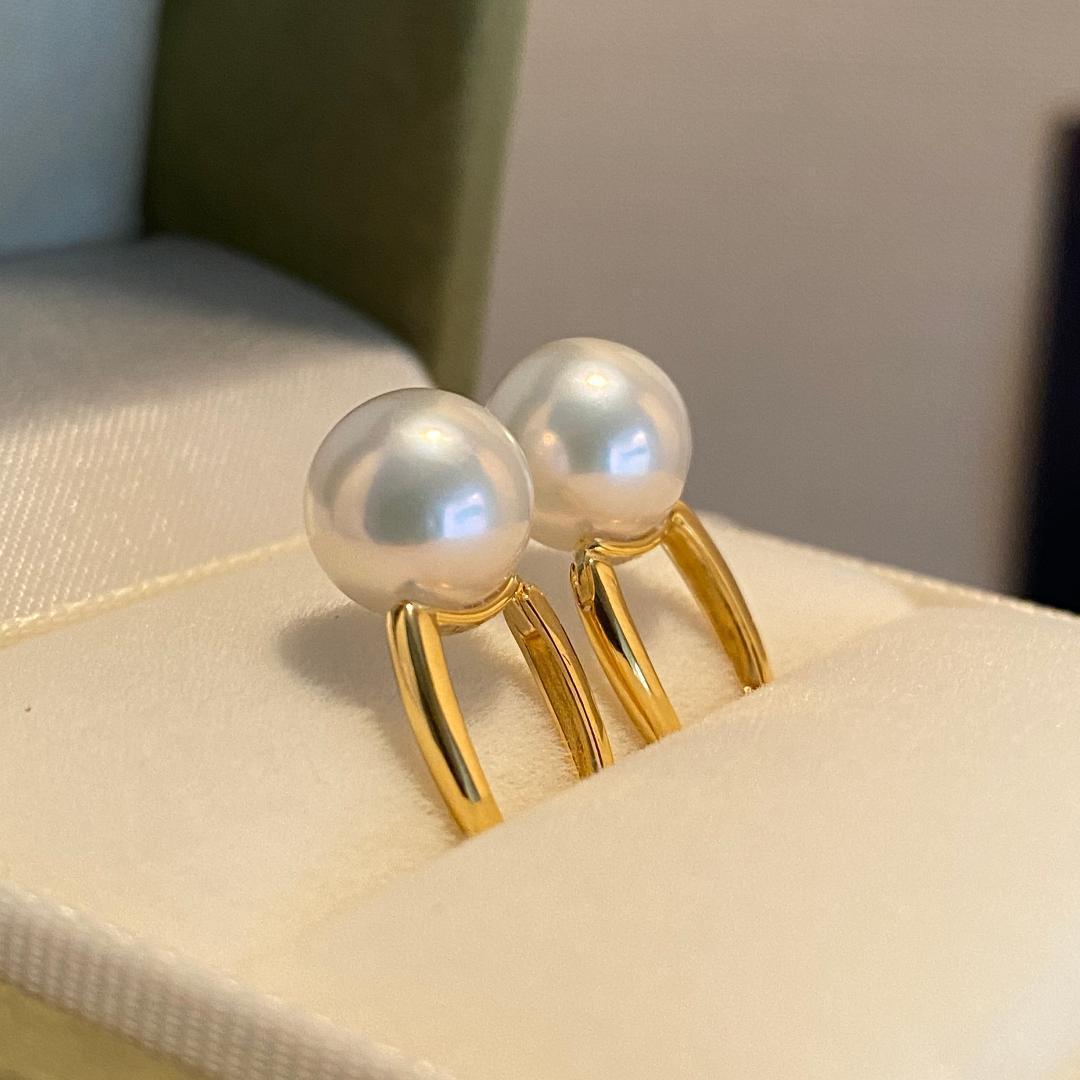 K18YG あこや真珠 花珠 パール リングピアス スクエア アコヤ真珠 18K シンプル 8-8.5mm ~