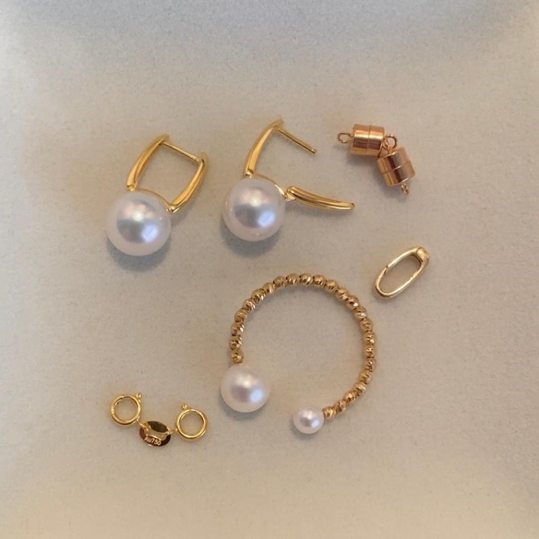 K18YG あこや真珠 花珠 パール リングピアス スクエア アコヤ真珠 18K シンプル 8-8.5mm ~