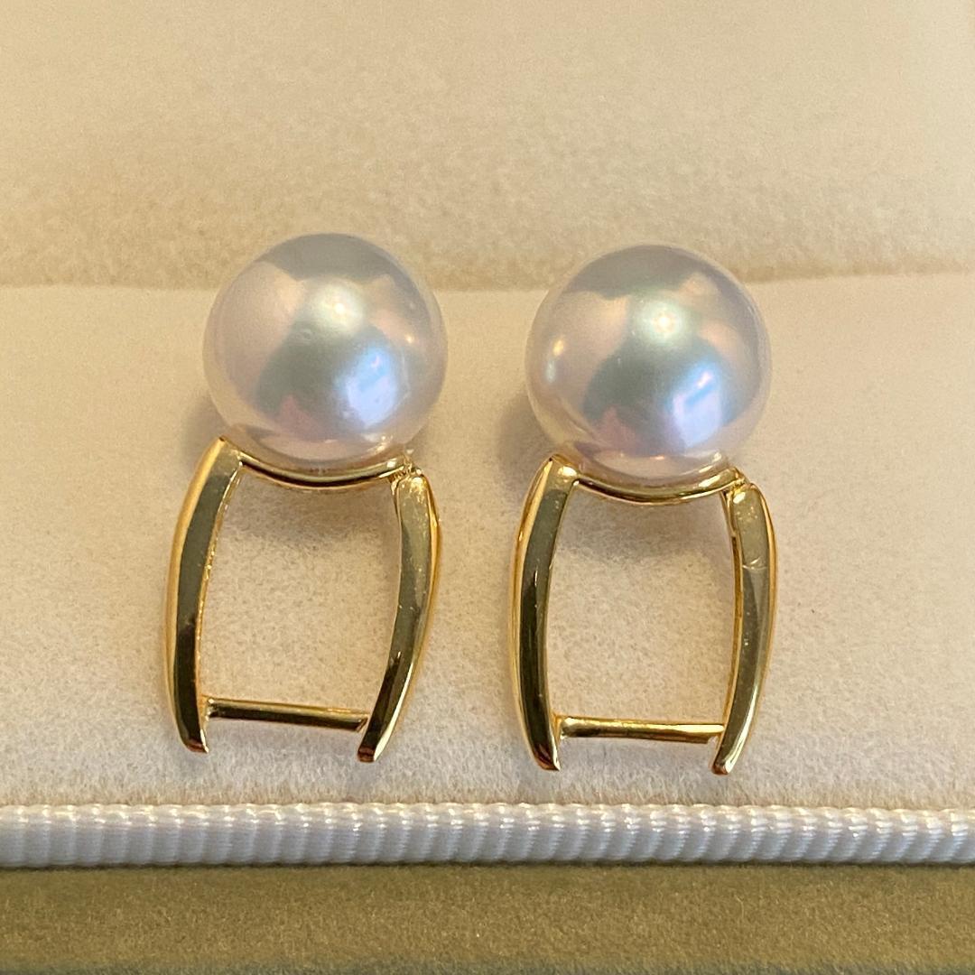 K18YG あこや真珠 花珠 パール リングピアス スクエア アコヤ真珠 18K シンプル 8-8.5mm ~