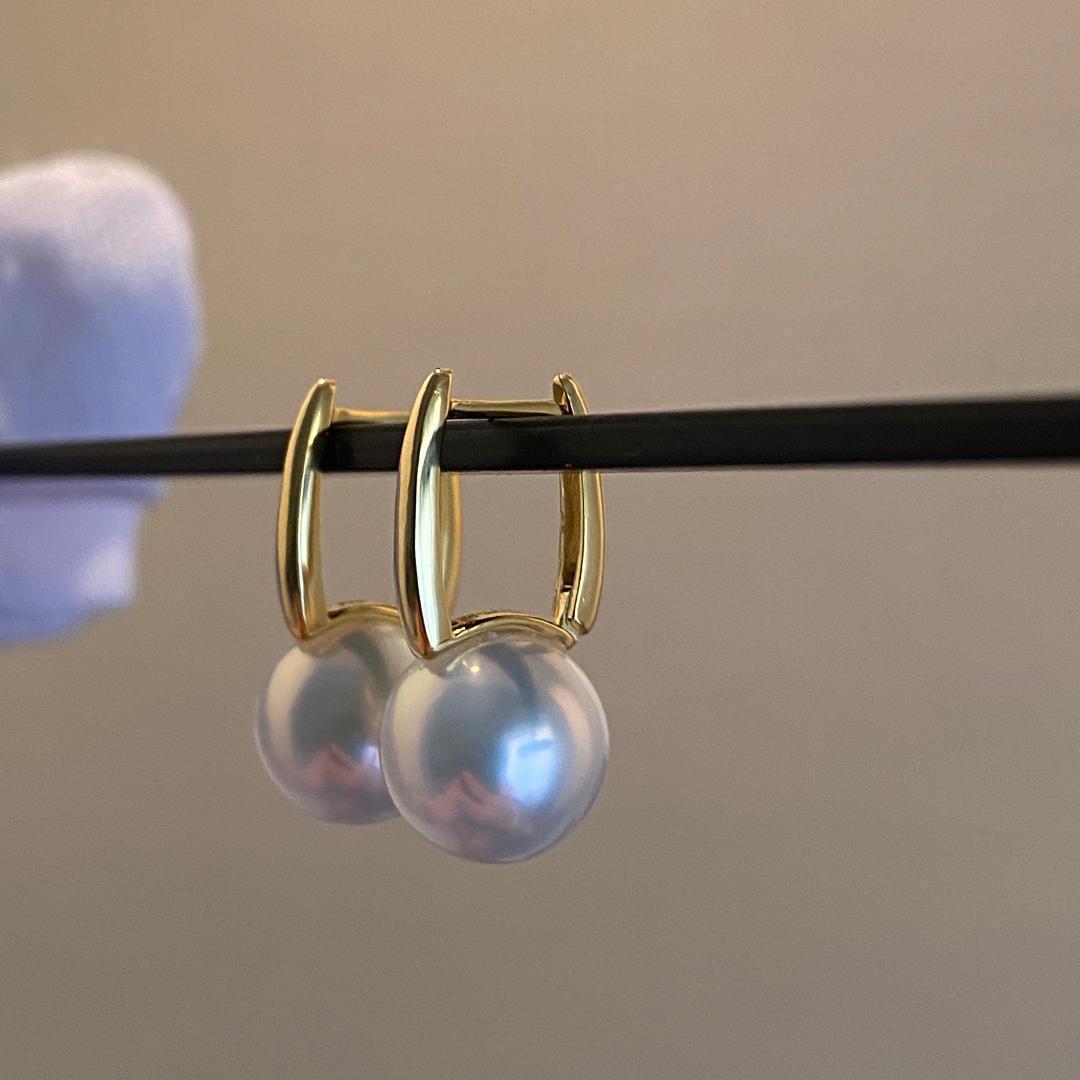 K18YG あこや真珠 花珠 パール リングピアス スクエア アコヤ真珠 18K シンプル 8-8.5mm ~