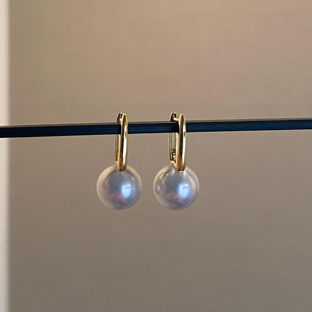 K18YG あこや真珠 花珠 パール リングピアス スクエア アコヤ真珠 18K シンプル 8-8.5mm ~