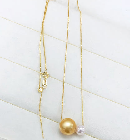 K18YG あこや真珠 ゴールデンパール ネックレス 2way ツインパール ペンダント 双子 スルー 18K ベネチアンチェーン ボックスチェーン